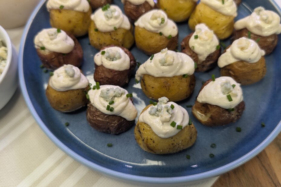 Mini Baked Potato Bites with Bleu Cheese and Horseradish