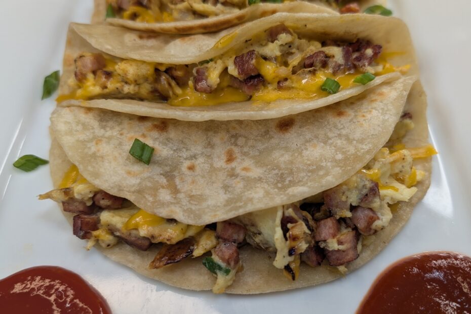 Spam, Egg and Cheese Breakfast Tacos